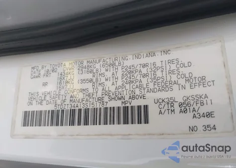 2003 Toyota Sequoia Sr5 V8 z USA, uszkodzony, nr VIN 5TDZT34A13S151787